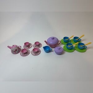 Kids play tea sets. One Green Toys, one beautifully coated metal.